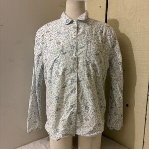 Coyuchi‎ Womens Medium Organic Cotton Floral Button Up Shirt Blue White Casual